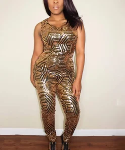 Sequined Style Sleeveless Round Neck Formal Evening Long Jumpsuit