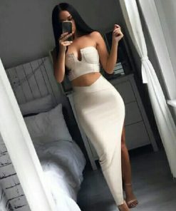 Sexy Deep V-Neck Crop Tops +Long Split Bodycon Dress 2Piece Set