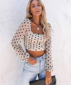 Sexy Square Neck Long Sleeves Pleated Polka Dot Top