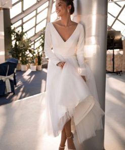 Short Wedding Dresses Long Sleeves A-Line Tea-Length Bridal Dresses