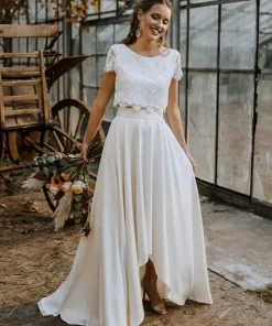 Stretch Crepe Lace Jewel Neck A-Line Sweep Short Sleeves Bridal Two-piece Wedding Dress