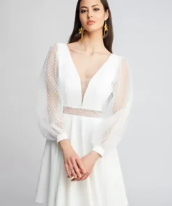 V-Neck Long Sleeves Cut-Outs Tulle Short Bridal Wedding Dress