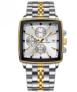Waterproof Luminous Calendar Chronograph Stainless Steel Quartz Square Men’s Watches