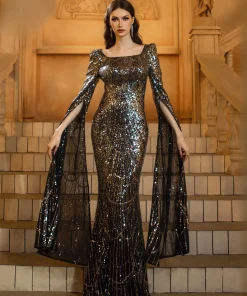 Luxury Square Neck Extend Sleeves Sequin Mermaid Formal Dresses
