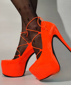 Elegant Lace up Slip On Handmade Pumps Round Toe Shiny Thin High Heels