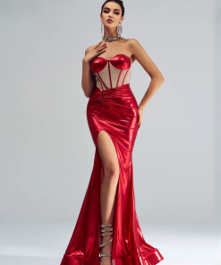 Luxury Strapless Ruched Cocktail Split Graduation Evening Gown