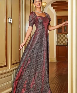 Elegant Short Sleeve Square Collar A-LINE Zipper Formal Evening Party Maxi Dresses